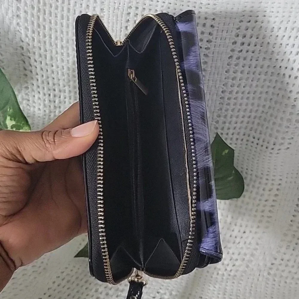 BOGO Blue & Black Cheetah Patent Faux Leather Wristlet Wallet Clutch Purse